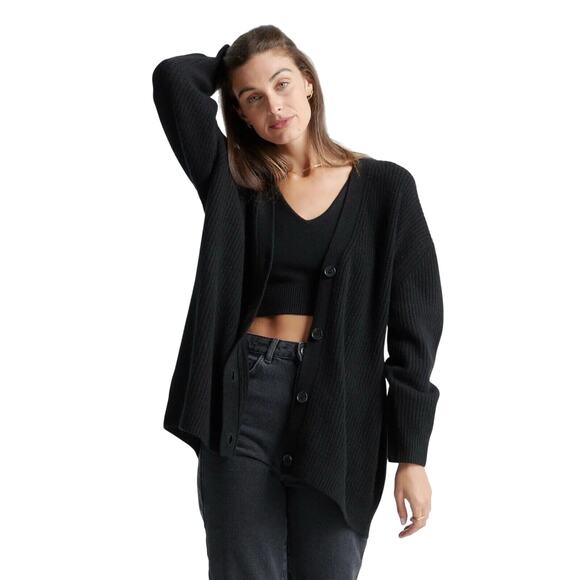 New Quince Black Mongolian Cashmere Oversized Boyfriend Cardigan Sweater Small - Picture 1 of 8